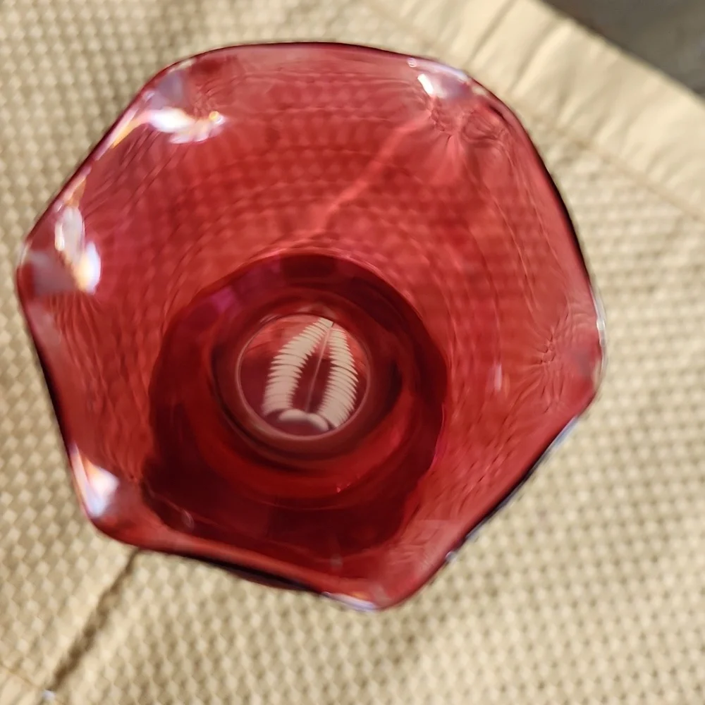 Cranberry Etched Glass Vase Mid Century Modern Fragile Collectible